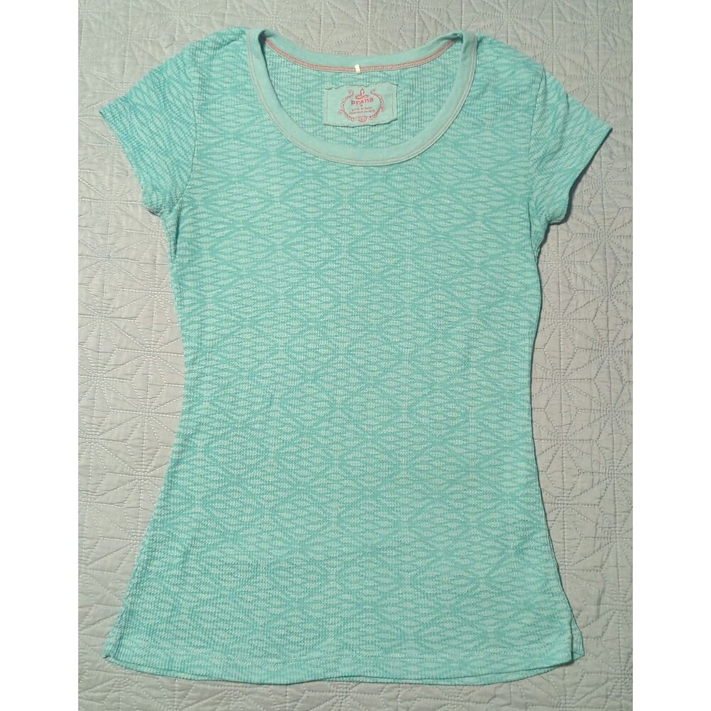 Prana Womens Sz L Waffle Knit Short Sleeve Pullover T-Shirt Green Teal Stretchy - Picture 1 of 5